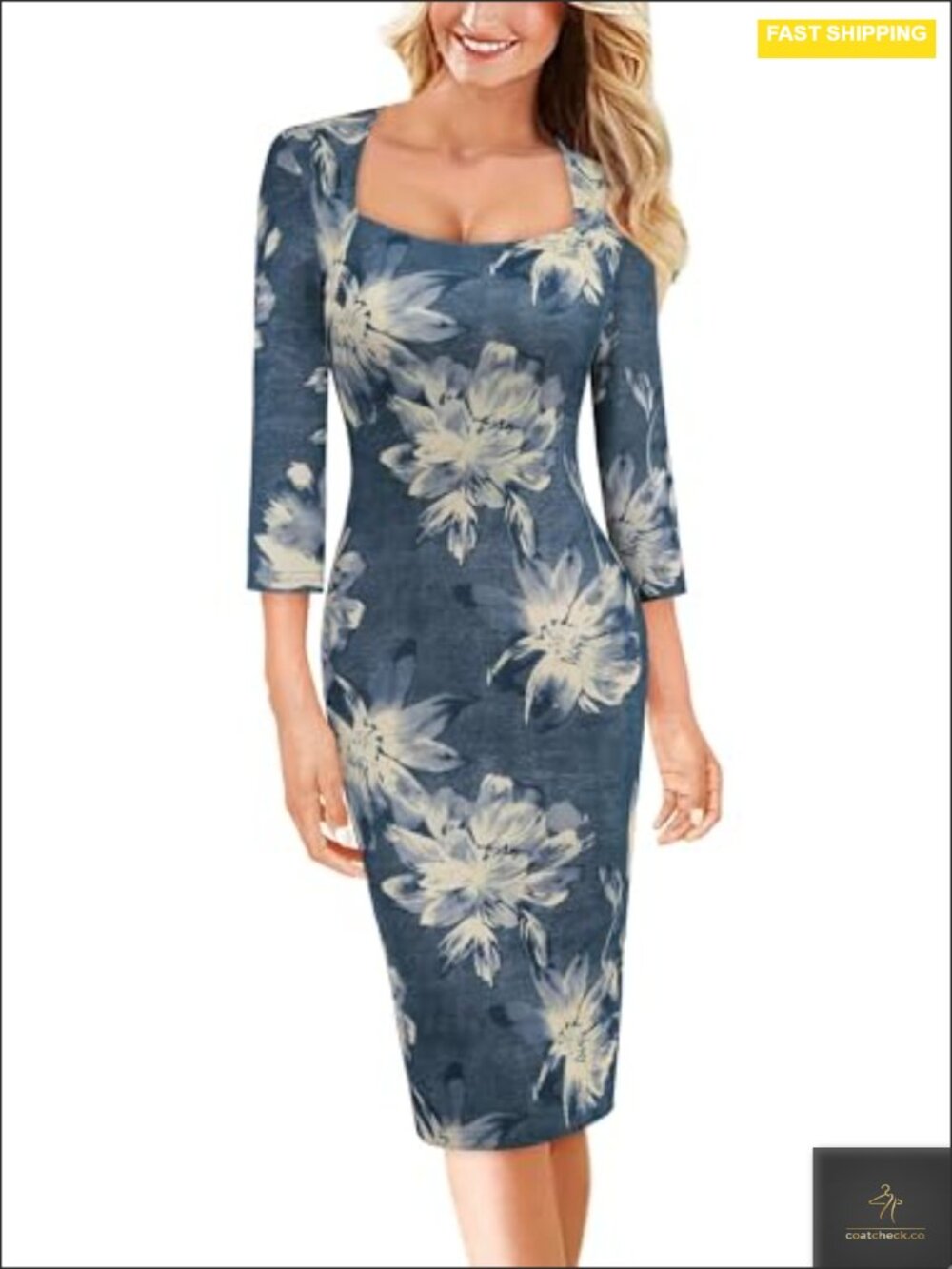 Elegant Square Neck 3/4 Sleeve Bodycon Pencil Dress Cocktail Party Wedding Guest